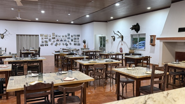 Sala decorada com fotografias e testas de veado